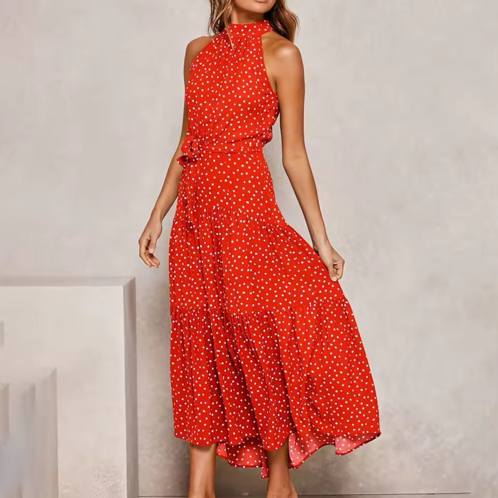 NWT Festive Red Polka Dot Halter Dress - Size Medium